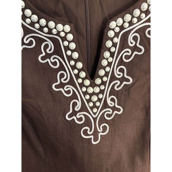 TALBOTS 100% Linen Shift Dress Women 10 Brown White Beaded Sleeveless Career NEW - Picture 5 of 13